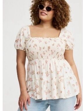 torrid Cream Floral Smocked Square-Neck Peplum Top